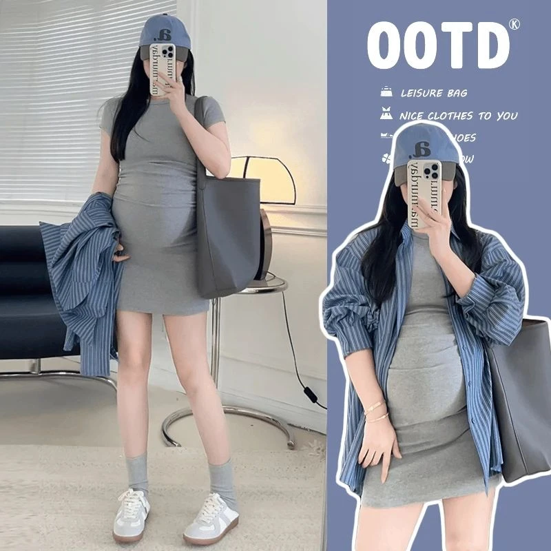 时髦孕妇装时尚小个子夏天辣妹褶皱紧身短袖显瘦洋气网红款连衣裙