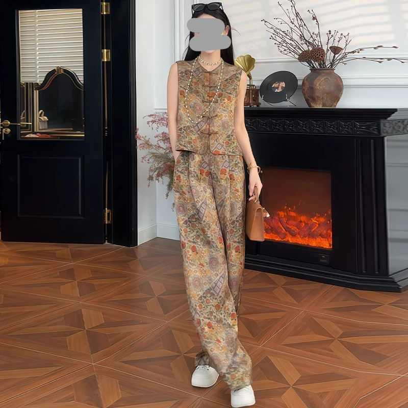 复古新中式设计感套装女2025年夏季新款无袖盘扣上衣长裤两件套潮