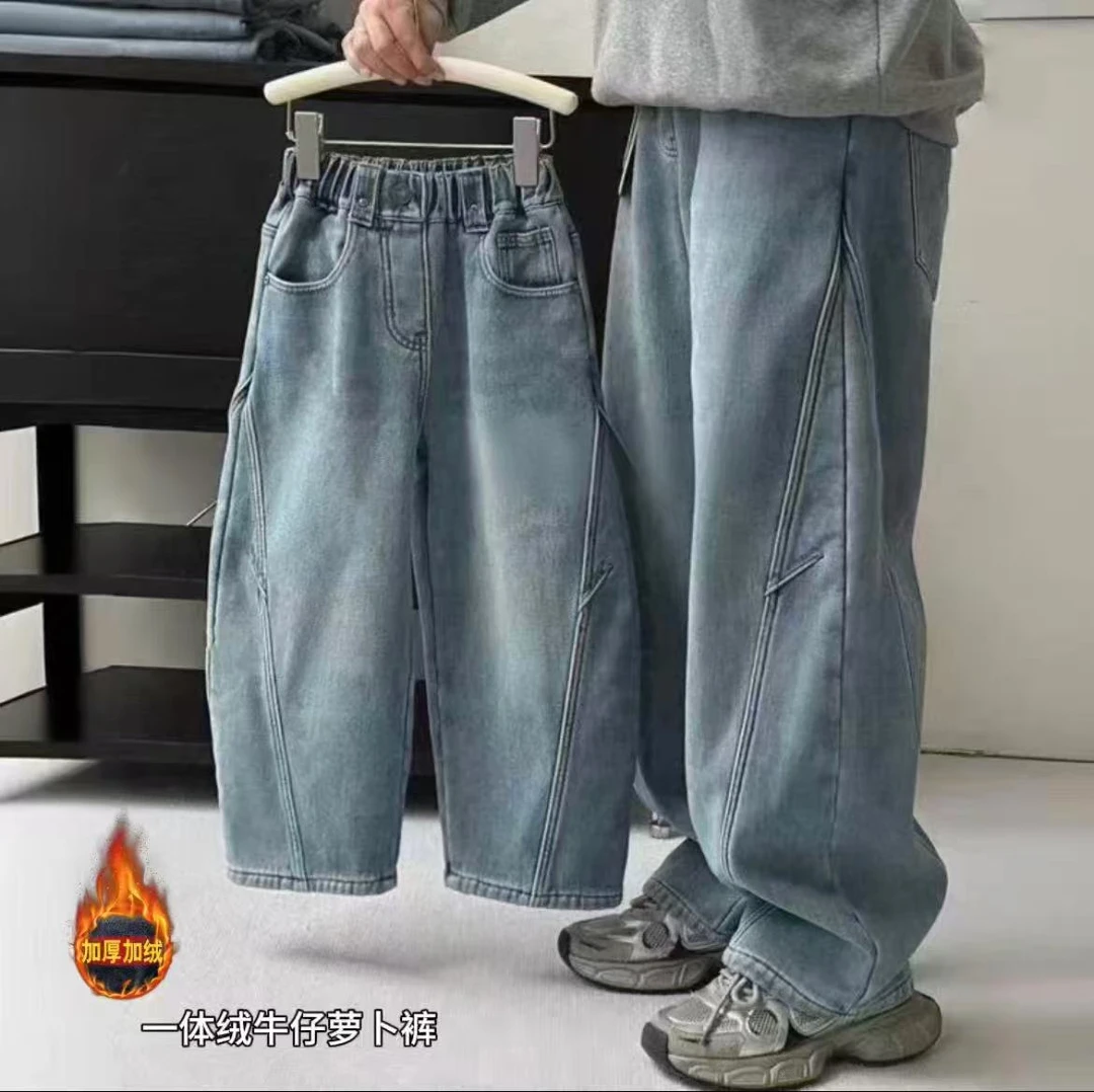 男童2025冬季新款一体绒弯刀裤韩版拼接弯刀牛仔裤帅气时尚潮