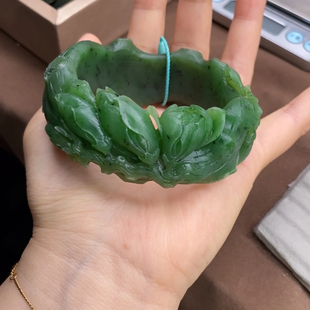 海***伦和田玉手镯未镶嵌碧玉玉兰花手镯58.5#