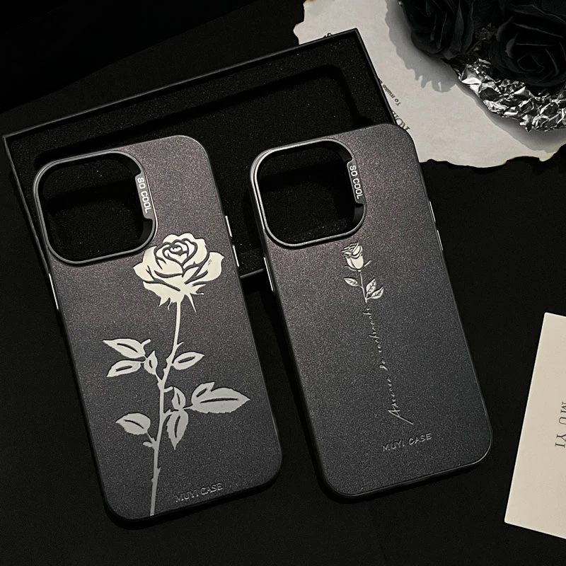 ins玫瑰系列适用苹果15PROMAX手机壳IPHONE16黑色系MATE60高级感