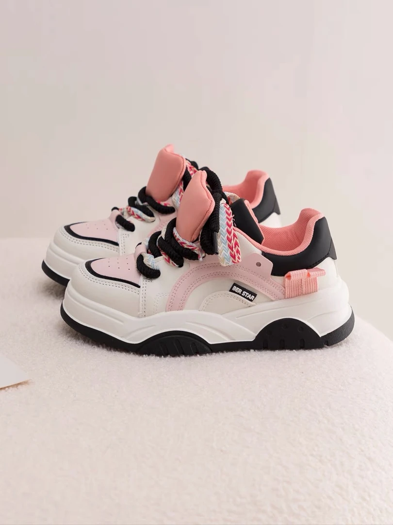 B911粉色双鞋舌厚底小白鞋女款新款春季韩系百搭小众原创运动板鞋