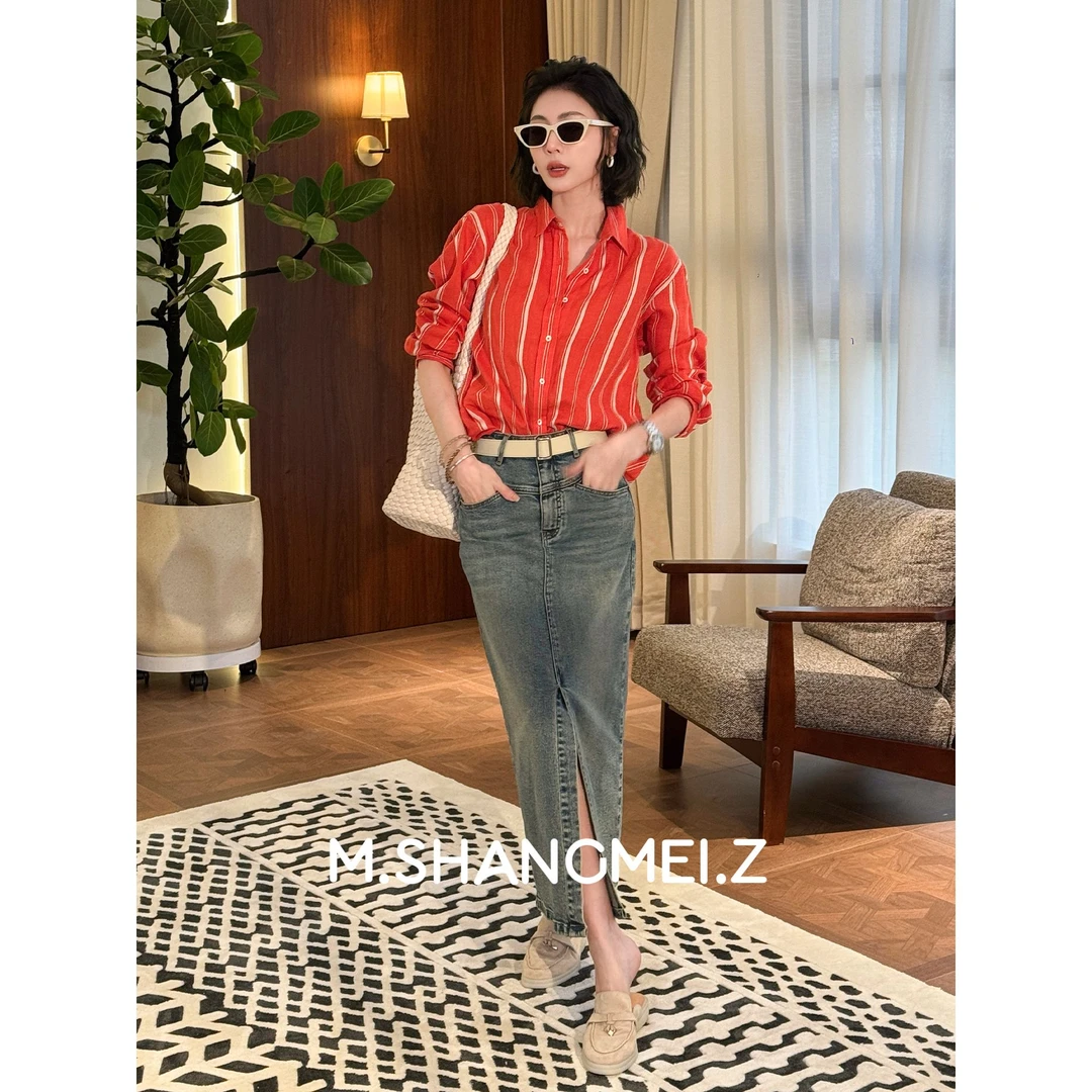 M.SHANGMEI.Z/沐熙【神牛裙】美大哥高腰水洗牛仔半身裙X012067