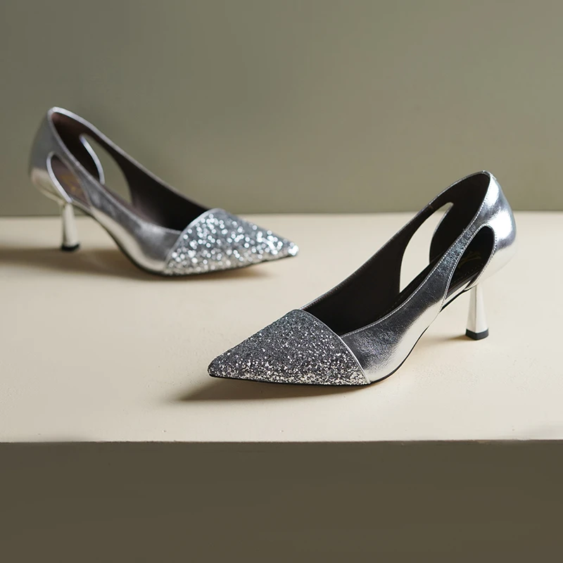 G（跟高6cm）真皮气质尖头新款拼接亮片浅口优雅旗袍通勤单鞋6063