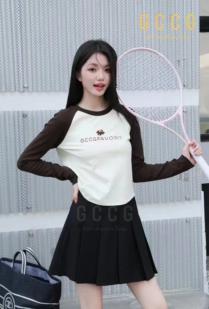 知恩撞色拼接长袖T  春秋 5136