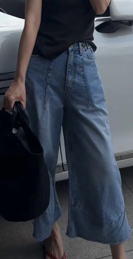 韩系可调节阔腿牛仔裤 no退no换