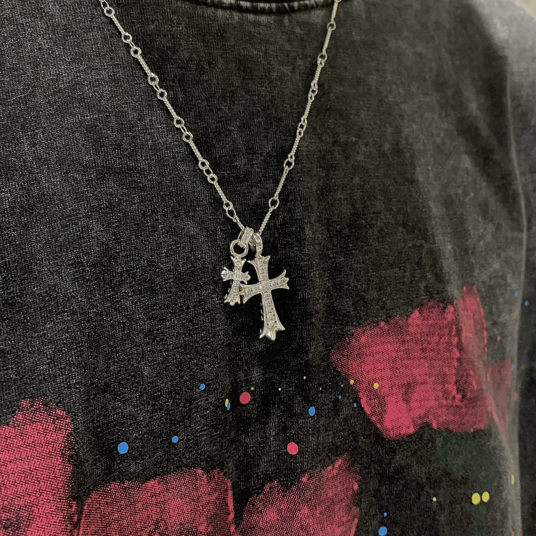 坠链均925银莫桑石 十字架项链男简约潮流百搭小众高级感毛衣链