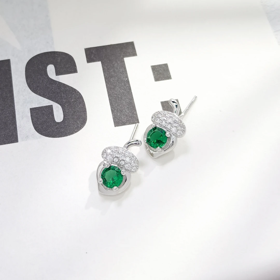 铜合金合成锆石耳饰 WHLM-002802 【绿溢松逸】耳饰小众百搭简约