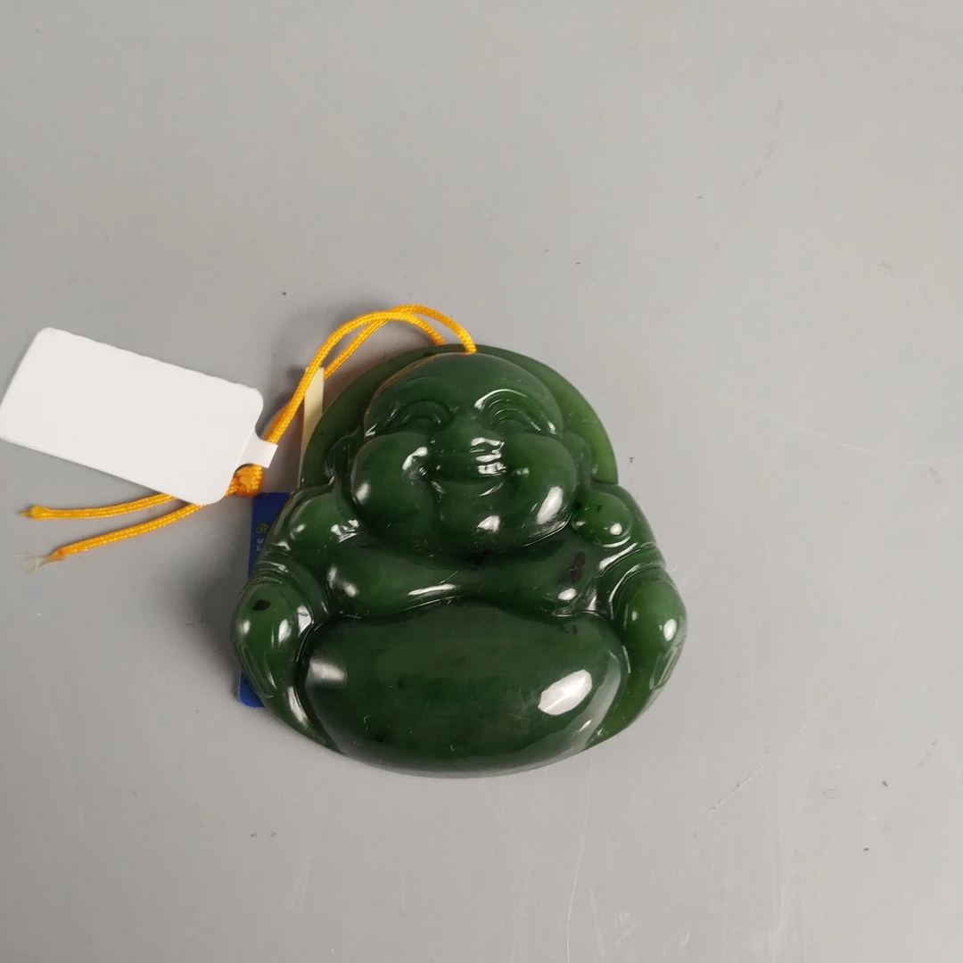 20世纪中后期和田玉碧玉弥勒M25AX002F99手把件/挂坠/摆件/绣花张