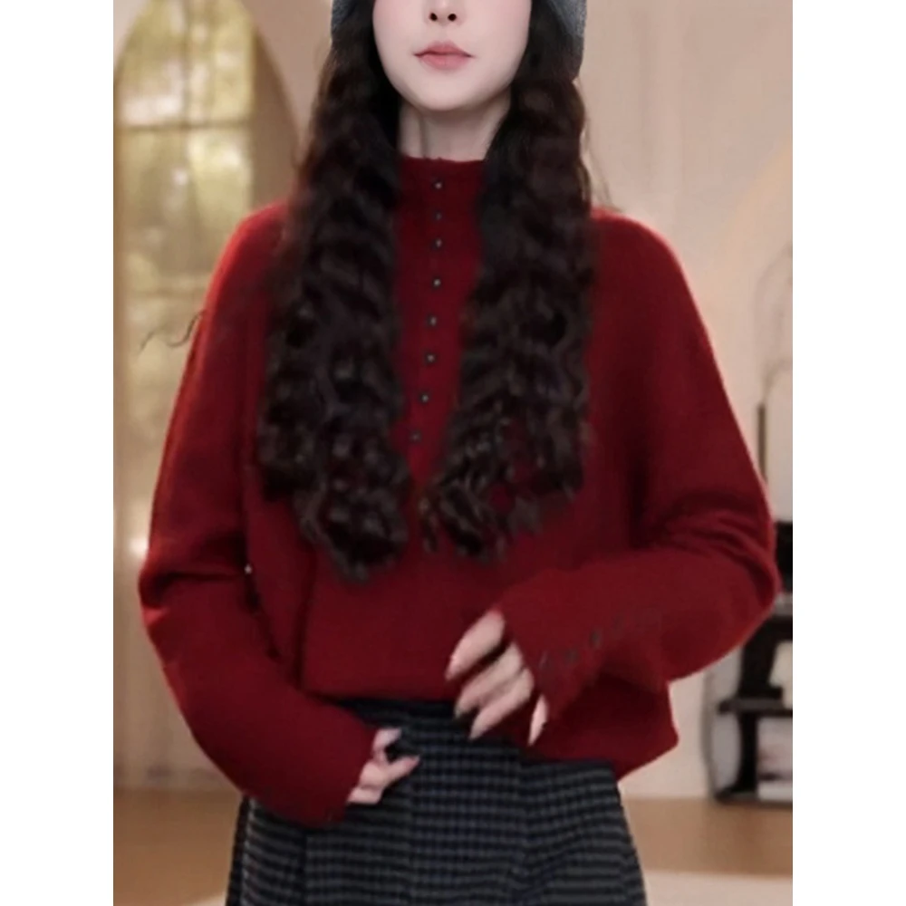 红色半高领毛衣女秋冬慵懒风软糯显瘦洋气减龄内搭打底针织衫上衣