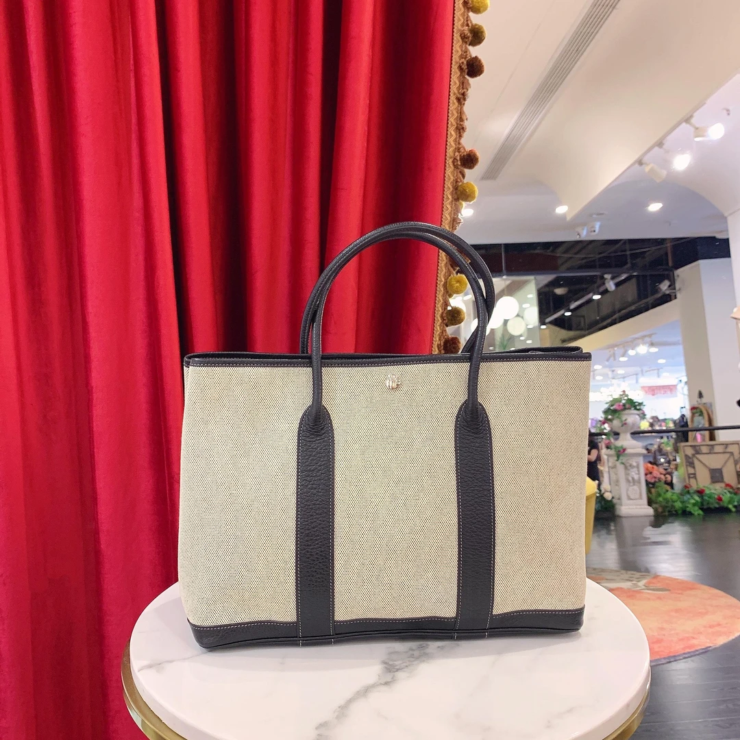 95新 Hermes/爱马仕 GGSGardenparty36米色银扣帆布拼皮73702544