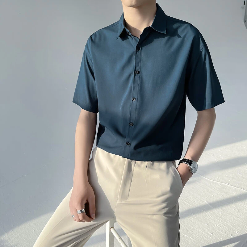 冰丝衬衫男士短袖潮流痞帅免烫中袖衬衣夏季男士夏季免烫中袖衬衫