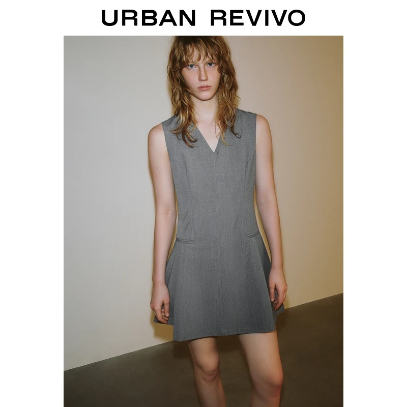 UR2025夏季新款女装格雷系简约气质短款V领连衣裙UWM750076