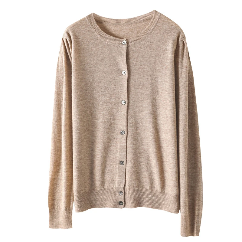 精纺羊毛秋冬新款女装宽松圆领纯色短款长袖外套上衣针织开衫