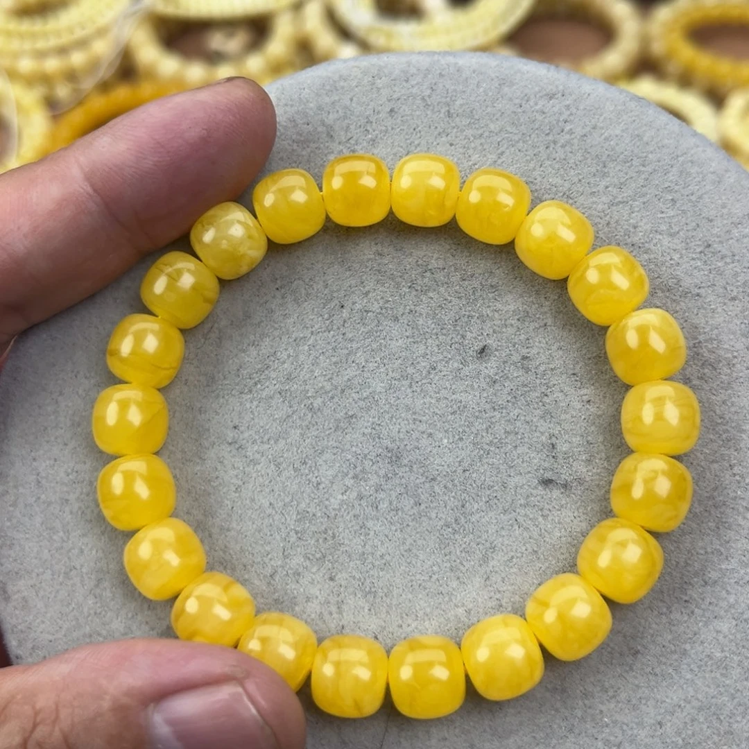 蜜蜡未镶嵌手串乌料焦皮同料鸡油红9.8*9.2腕口17+