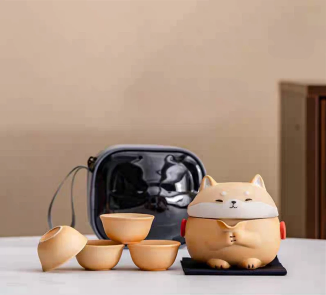 可爱柴犬快客杯一壶四杯旅行茶具套装