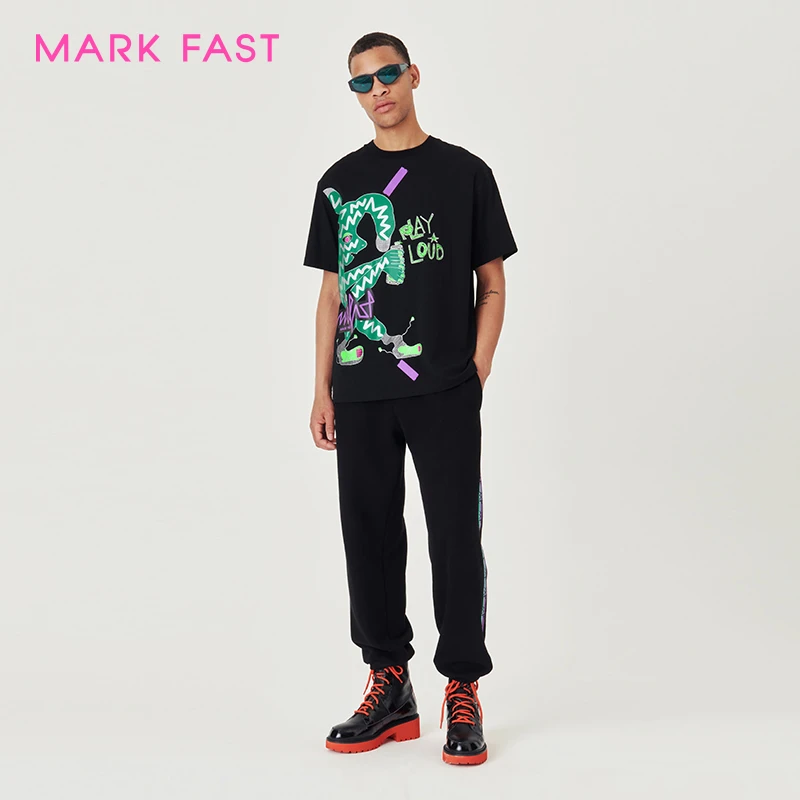 MARKFAST设计师品牌纯棉黑色印花宽松短袖T恤情侣款夏M1CFU22700