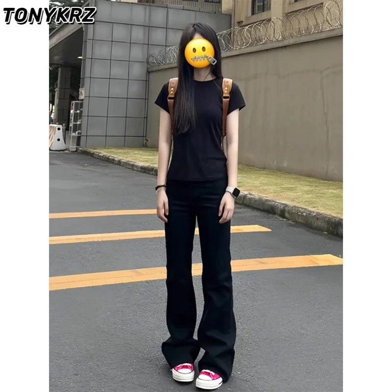 TONYKRZ黑色美式高街微喇牛仔裤男女夏季潮牌痞帅cleanfit直筒裤