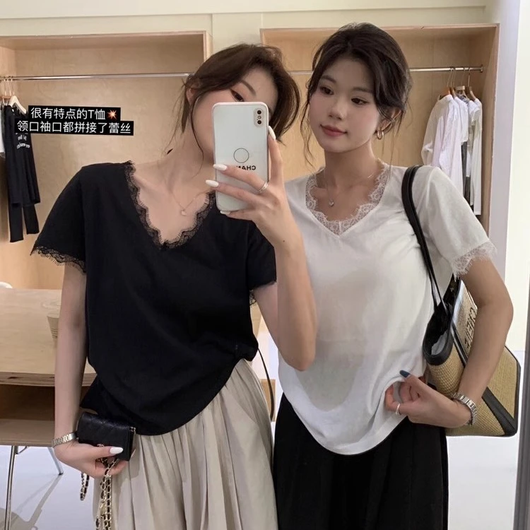 法式慵懒气质蕾丝花边v领正肩短袖女夏季新款设计感宽松上衣ins
