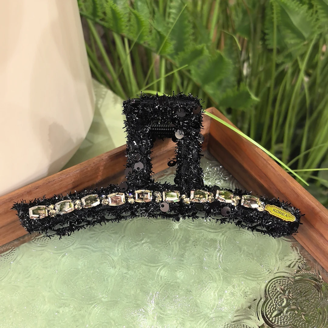 精品水晶韩系精致黑色细闪重工十三公分工型抓夹5377