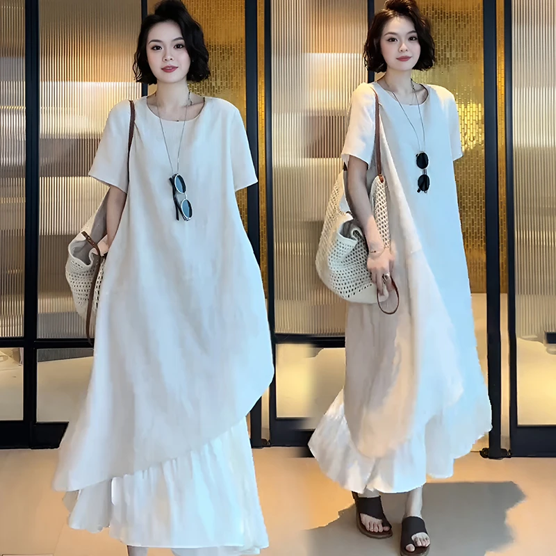 官图 2025夏新款韩版时尚气质显瘦设计假两件连衣裙百搭长裙女装
