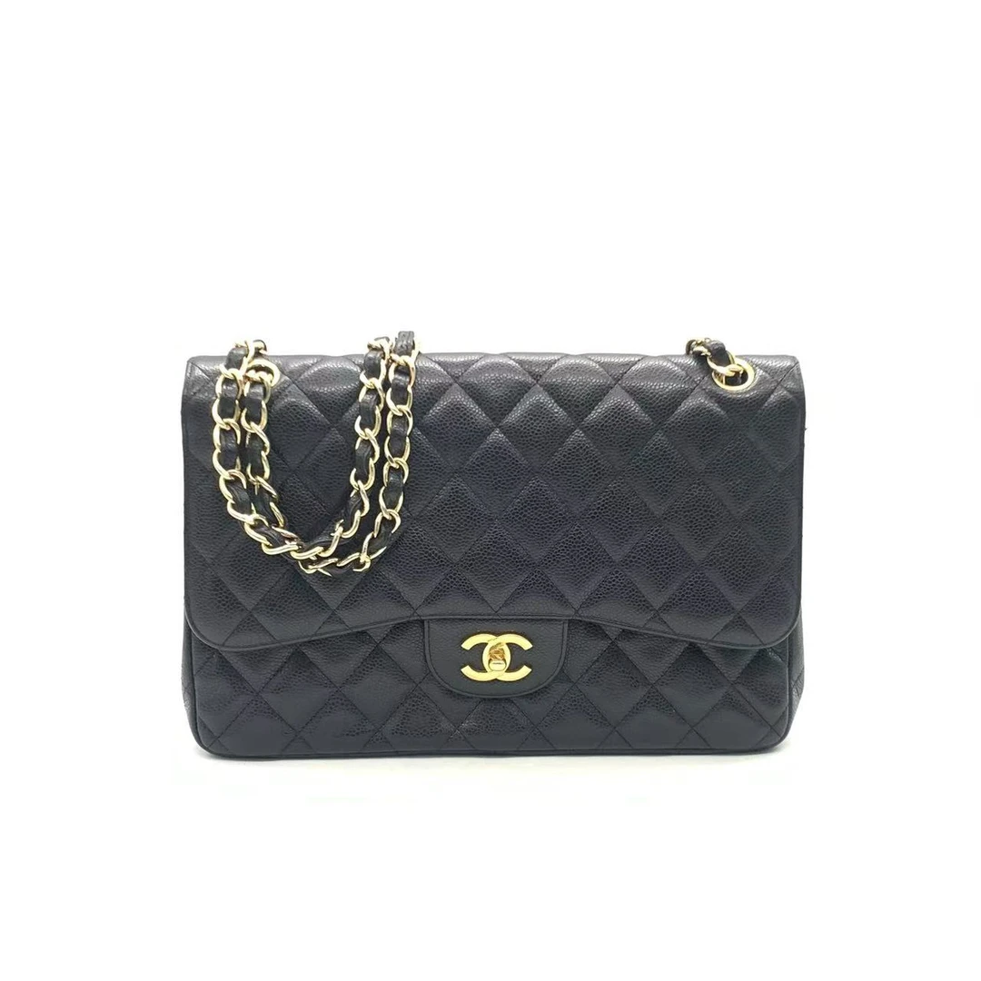 95新 Chanel/香奈儿 黑金荔枝牛jumbo口盖包