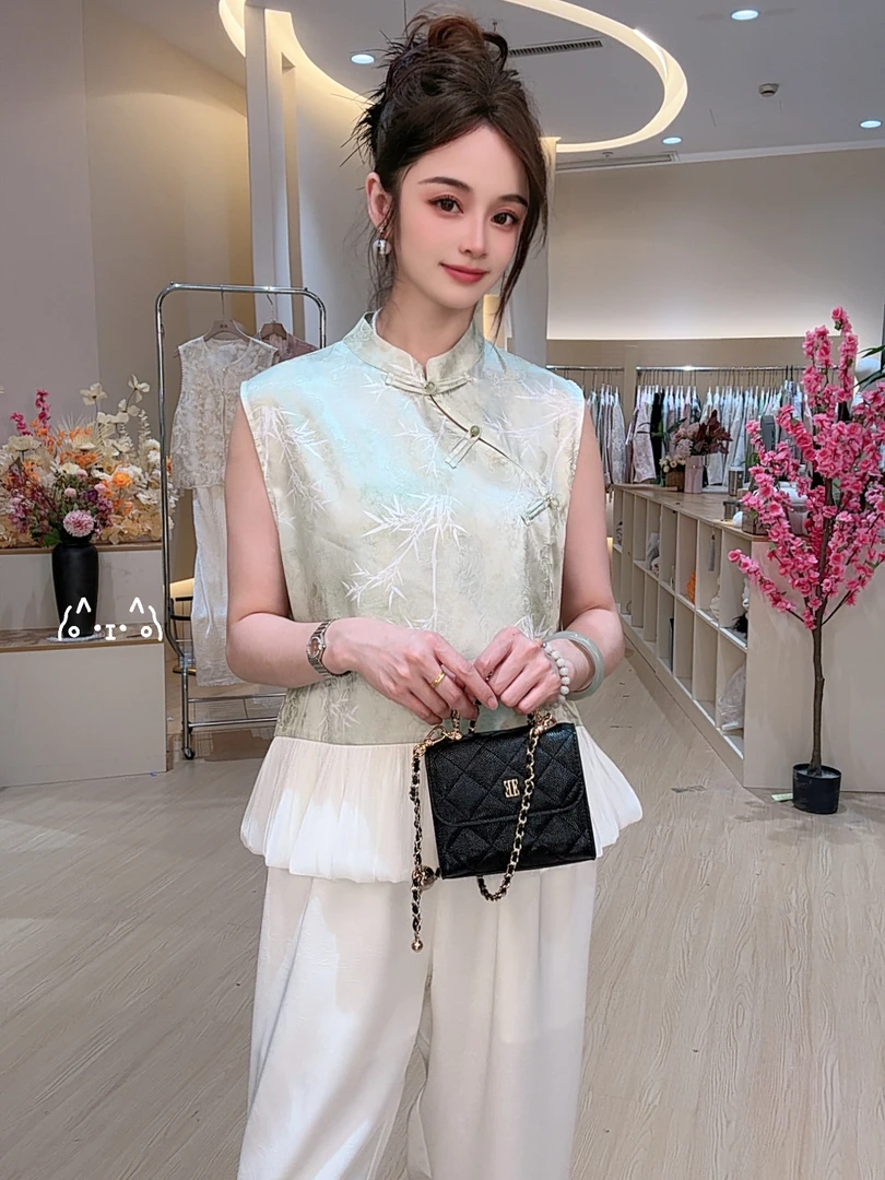 高端新中式国风气质马甲斜门襟竹叶提花拼接珠光纱夏季无袖上衣