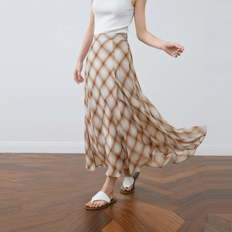 诗凡黎棕色格纹飘逸半身裙2025夏新款时尚洋气漂亮A字裙7G4140581