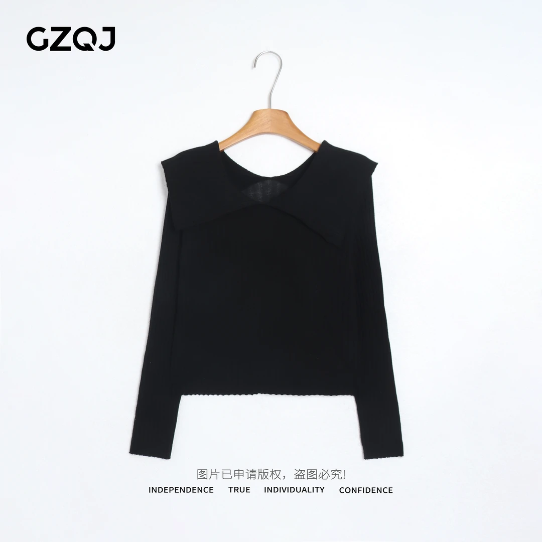 老琴私服【锁骨密码】 时尚百搭大翻领海军领长袖针织衫女秋25066