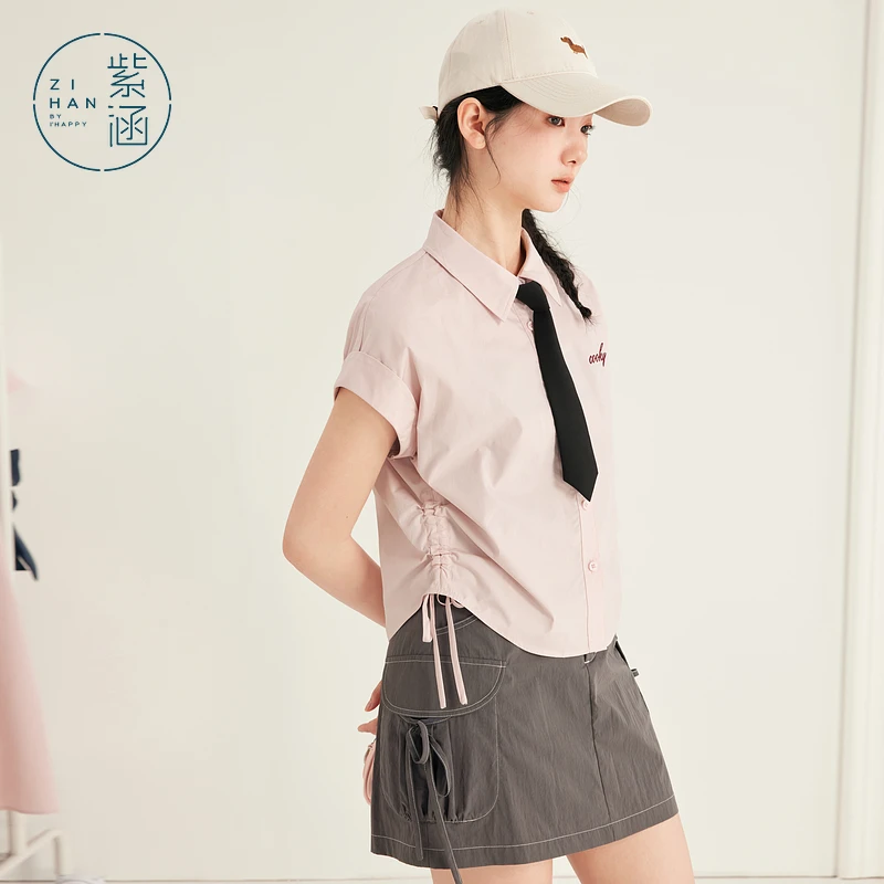 紫涵抽绳短袖衬衫女2025年夏学院风设计感休闲领带衬衣Z5Z03BS158