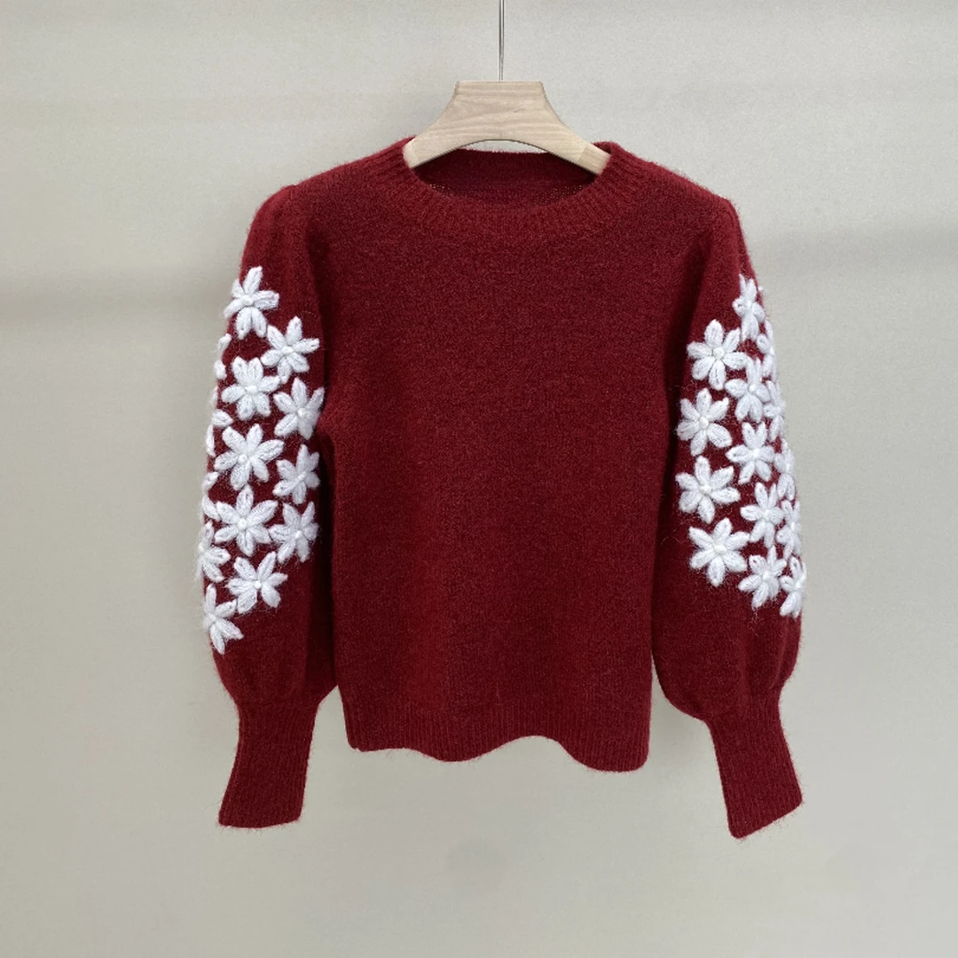 【酒红花影】秋冬时尚立体小花朵纯色圆领套头针织衫毛衣.D2494
