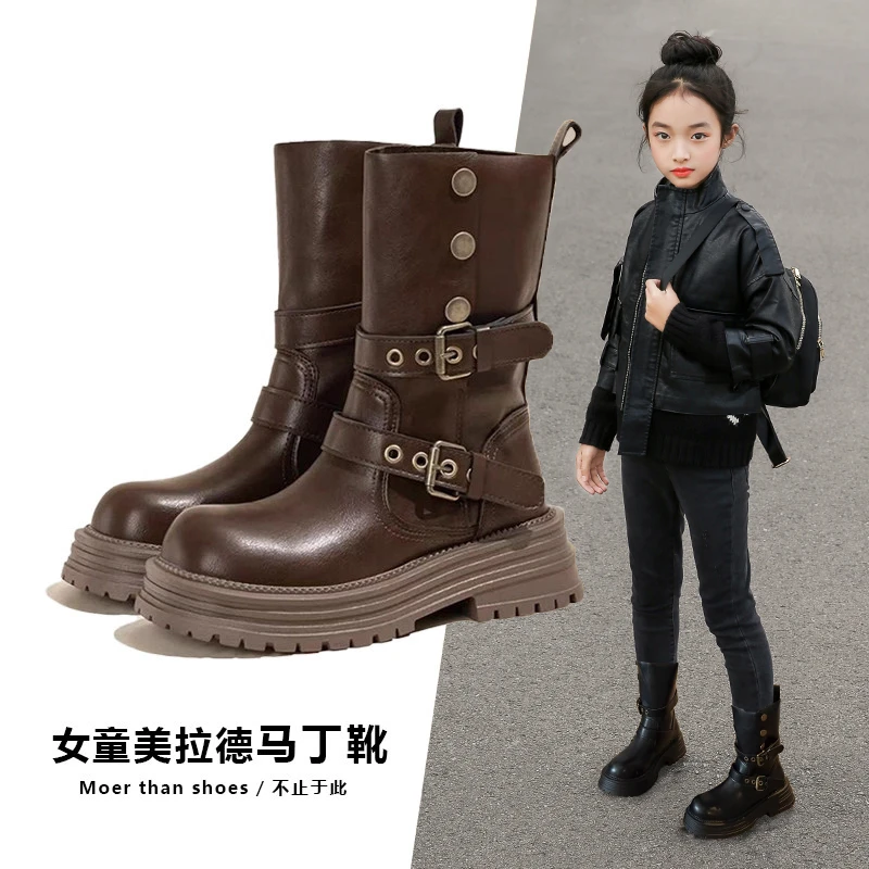 女童靴子2025秋冬新款防水儿童马丁靴加绒棉鞋中大童小女孩中筒靴