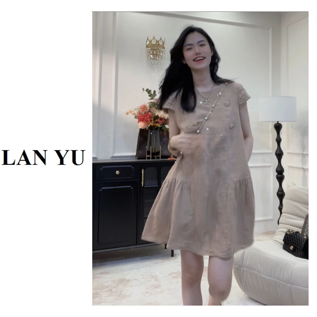 【焦糖玛奇朵】夏季重工镶钻气质小众设计感亚麻连衣裙LY