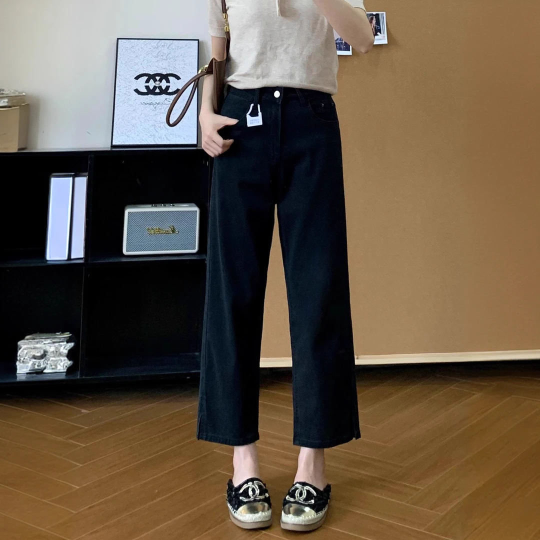 夏季薄款莱赛尔冰丝黑色直筒牛仔裤女高腰显瘦大码胖mm九分烟管裤