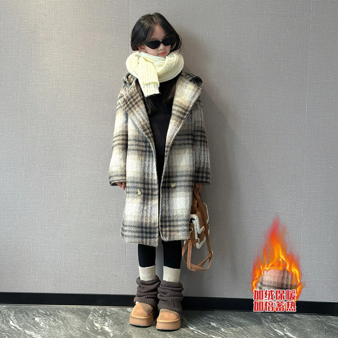 女童加厚外套韩系氛围感宽松保暖中长款格子连帽呢大衣2025秋冬新