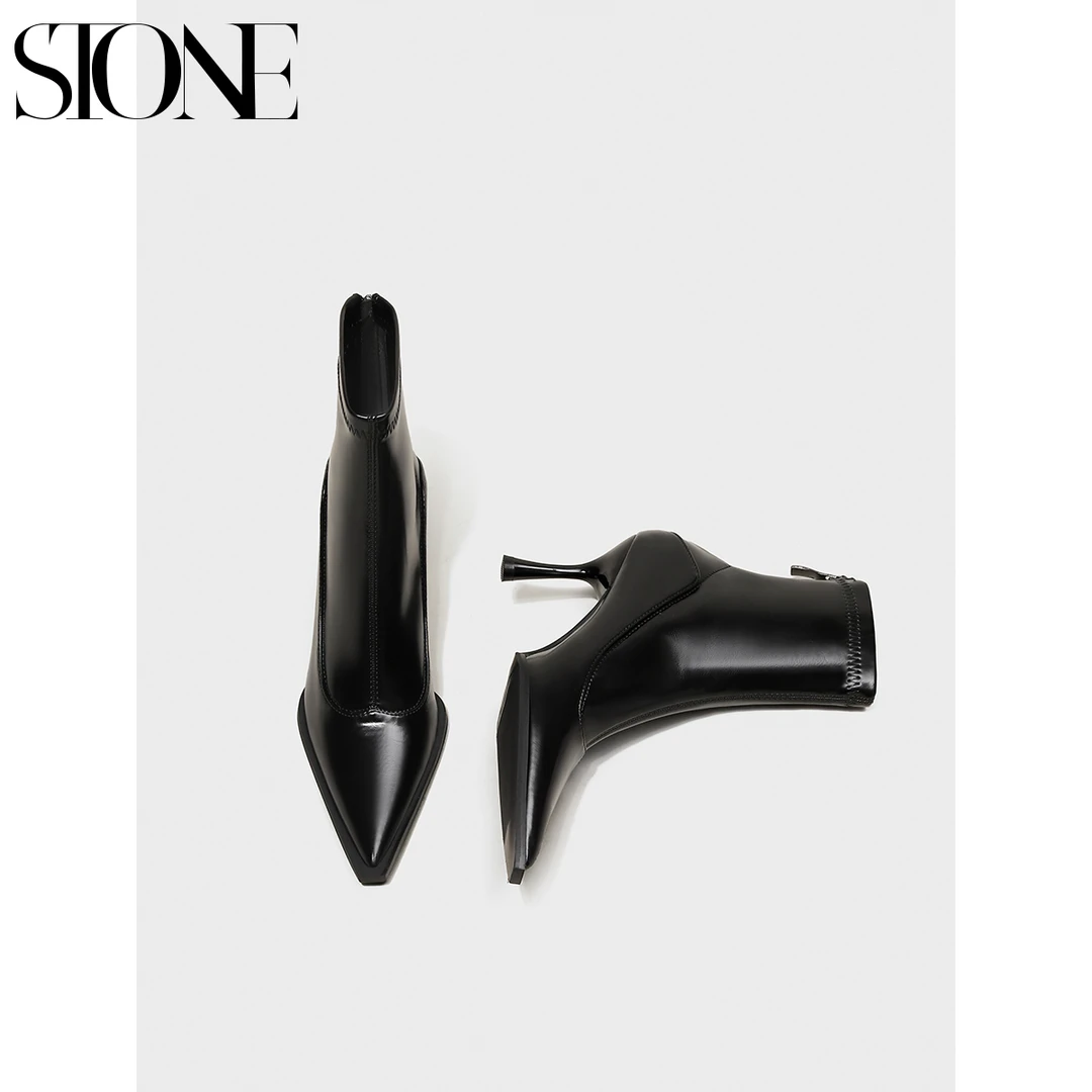 石头家 黑色尖头女鞋秋冬款短靴女细跟瘦瘦靴高跟鞋显脚小马丁靴