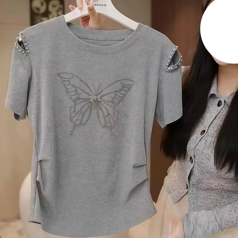 2025夏季新款圆领重工露肩蝴蝶烫钻短袖t恤女潮流修身显瘦上衣女