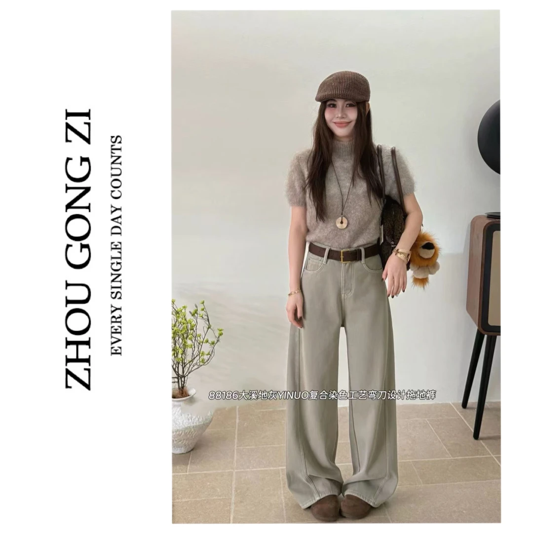 周公子优选2025冬季新款加绒加厚水洗牛仔弯刀裤-88186