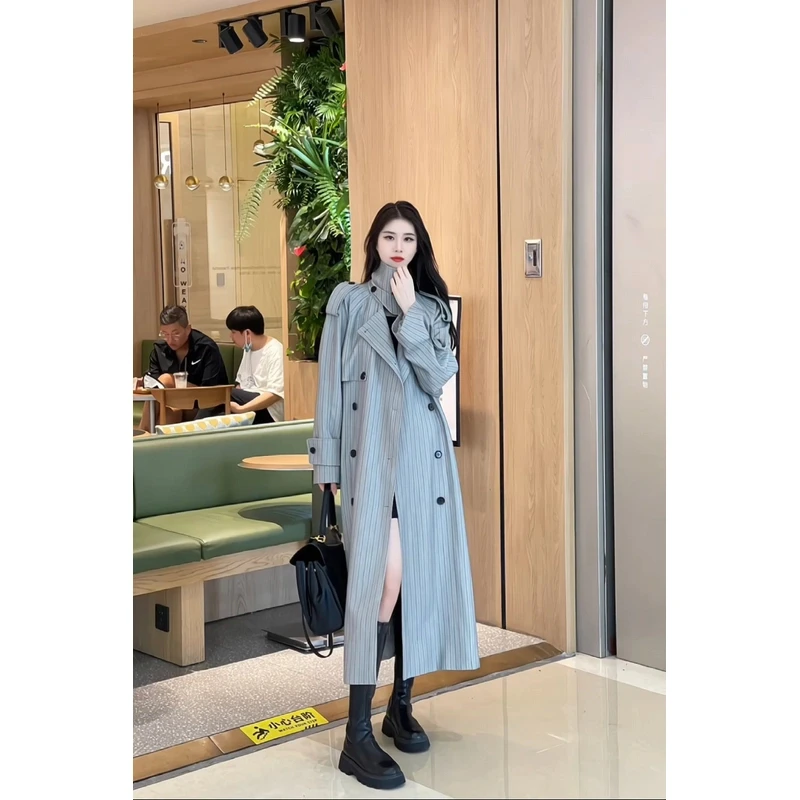 双排扣条纹风衣外套女2025春秋宽松高级感系带过膝廓形中长款大衣