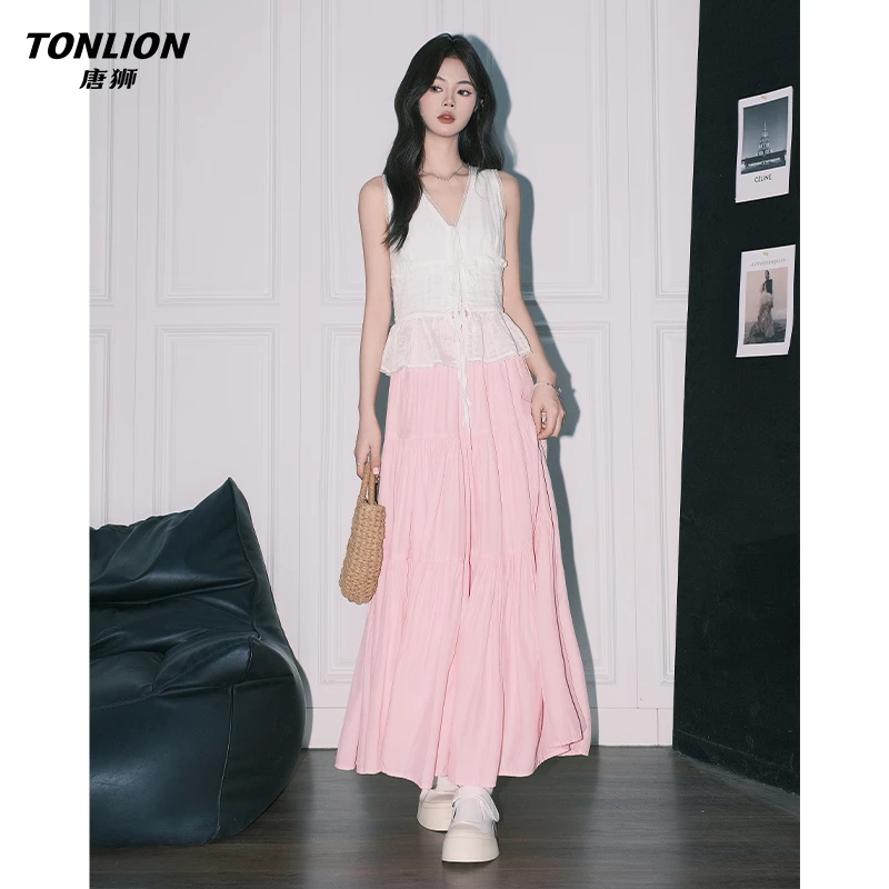 唐狮夏日甜美粉色蛋糕长裙女2025高腰A字半身裙大摆垂感气质伞裙
