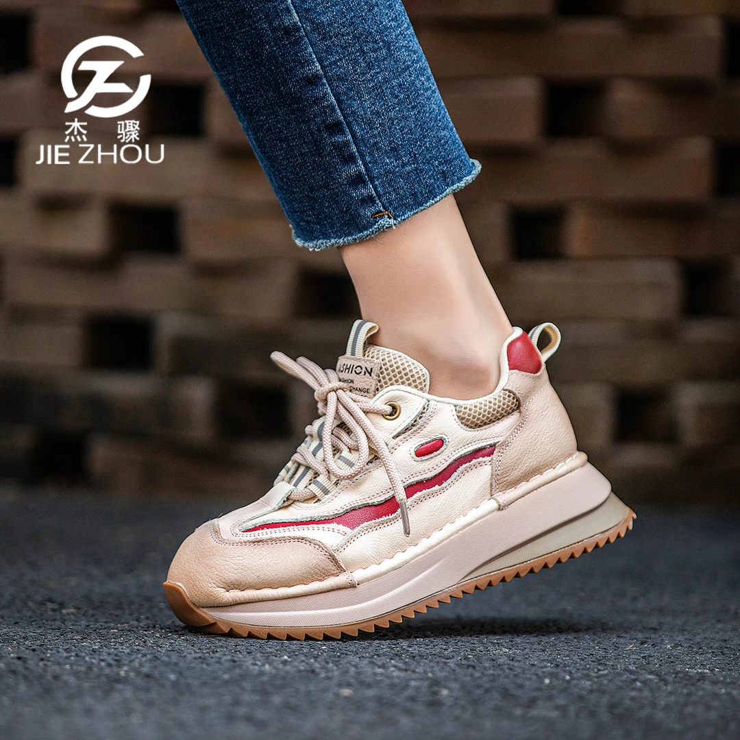 杰骤春秋真皮彩色老爹鞋女头层牛皮高级感运动休闲鞋厚底女鞋