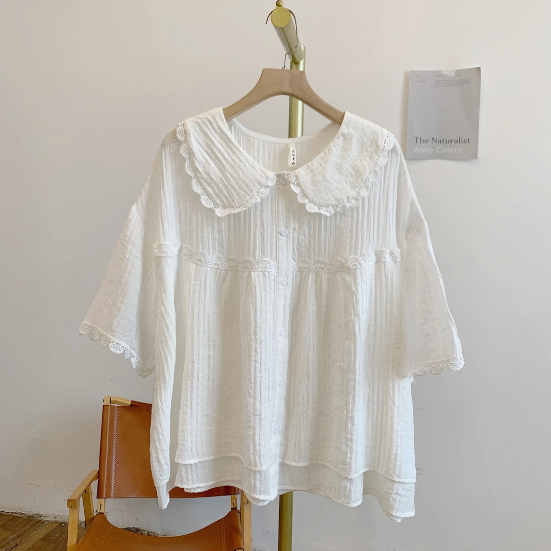 Y2841肌理纹蕾丝边全开扣娃娃领短袖衬衫