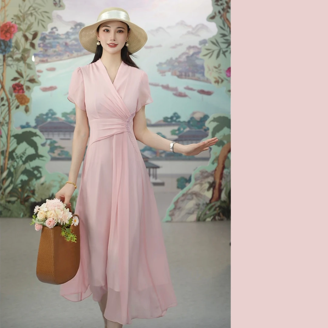 SUSSI/古色【粉红佳人】夏季高级感垂坠感时尚减龄收腰连衣裙女装