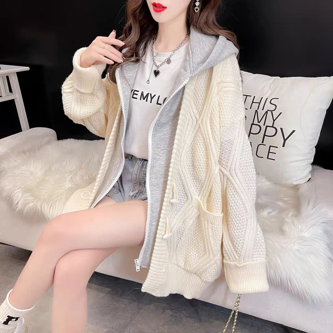 601加厚慵懒风针织加厚卫衣假两件连帽毛衣外套秋冬