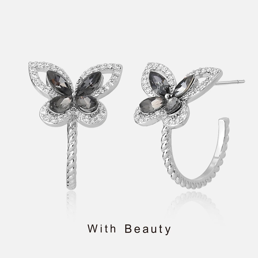 铜合金锆石耳饰 With Beauty 个性蝴蝶黑钻镂空C形耳环