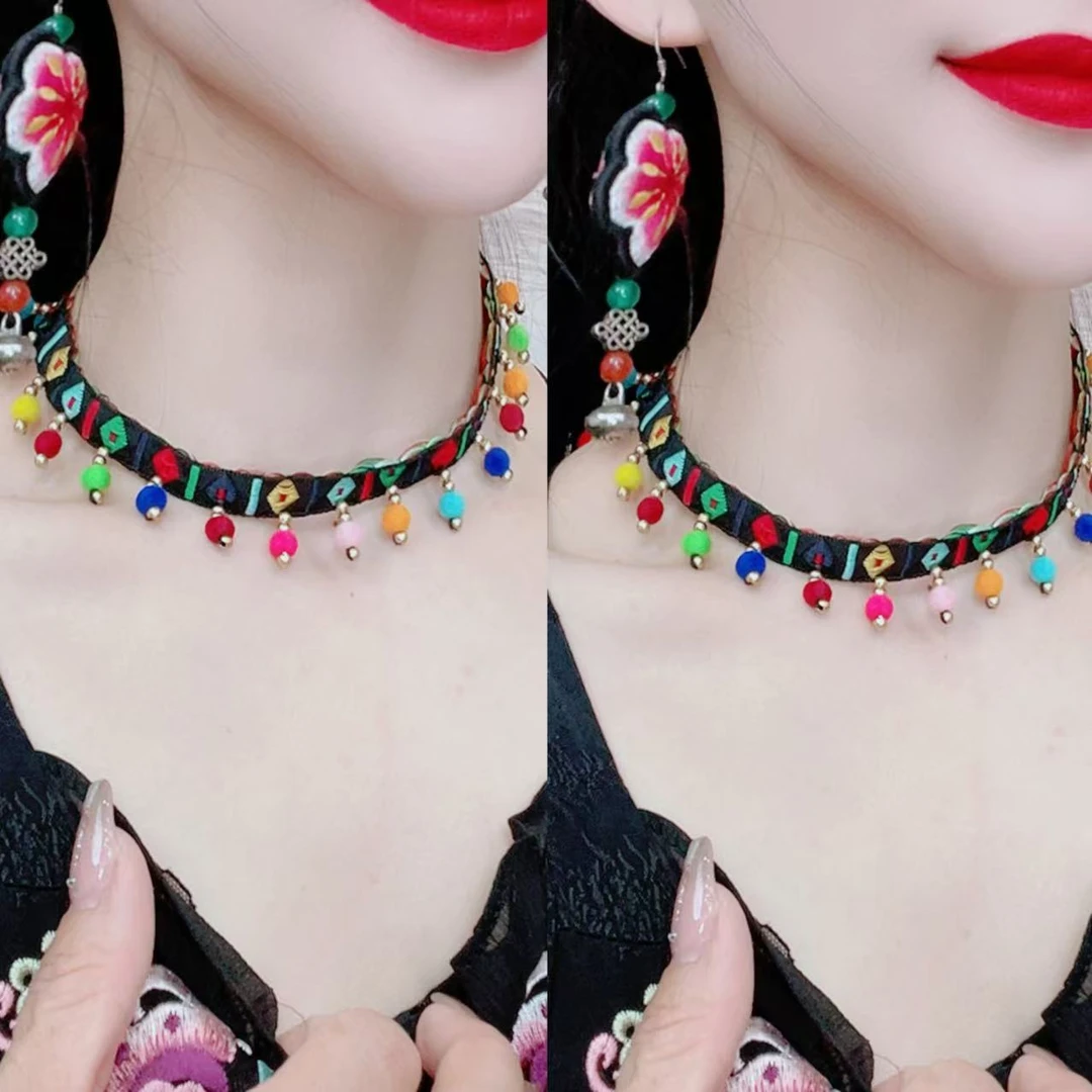 非金属布艺吊坠 波西米亚刺绣项圈女手工七彩球流苏吊坠项链颈链