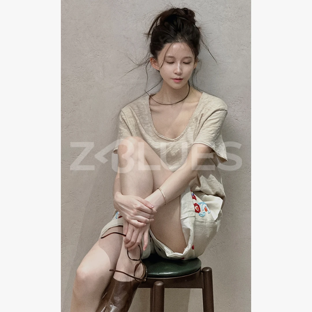 Z.blues【非诚勿扰】b巨舒服定纺毛边V领气质T恤YZNH5049