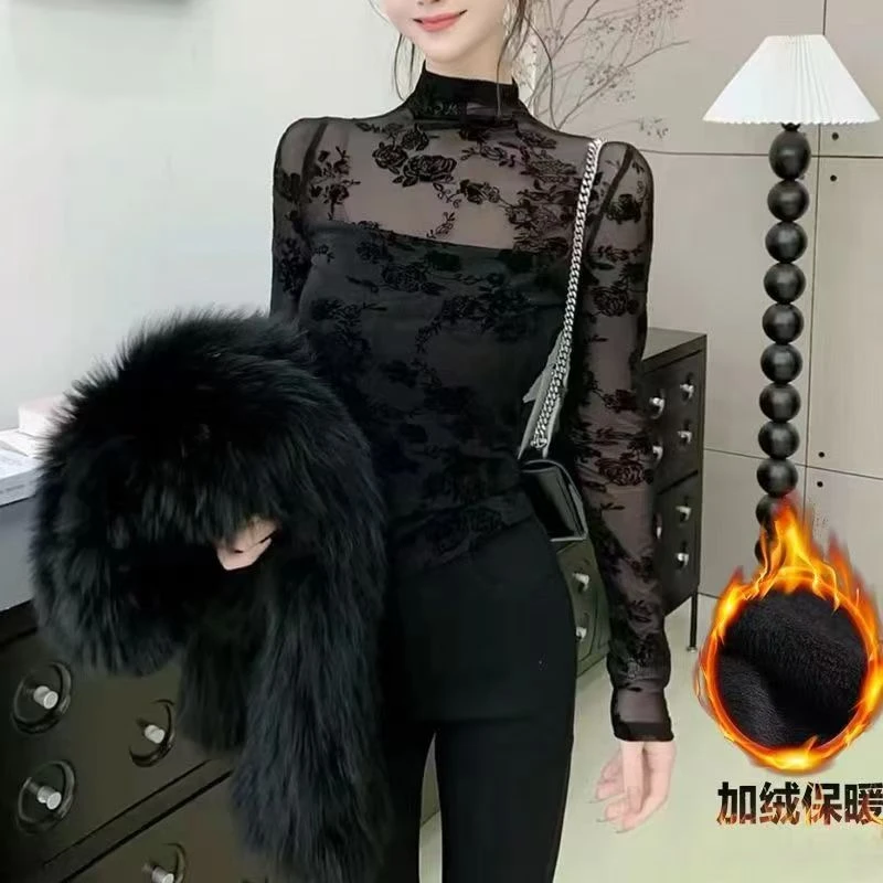 欧货半高领碎花蕾丝衫女2024秋冬性感微透长袖打底衫内搭上衣