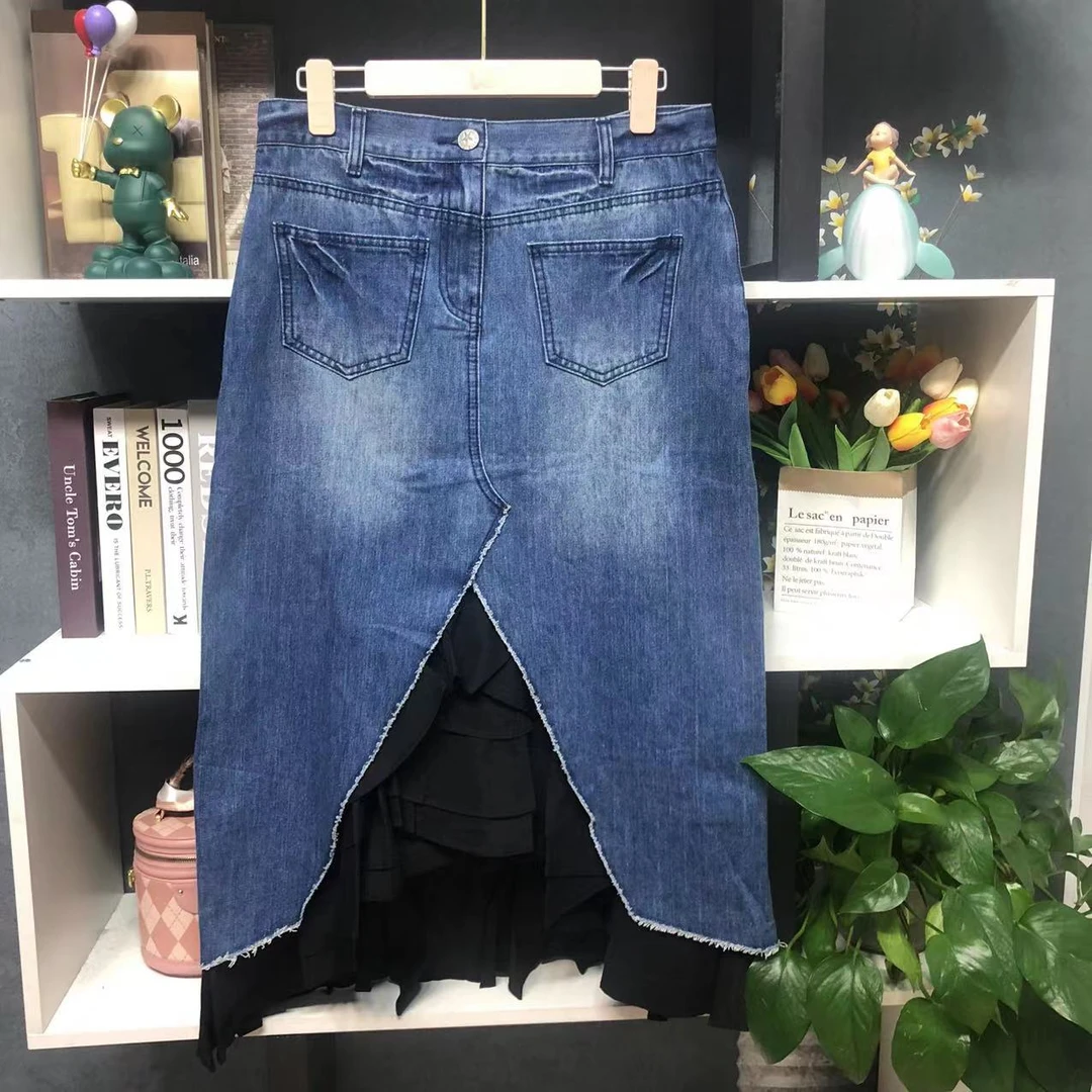 G88062【春季新款】时尚蓝色拼接款不规则设计半身裙