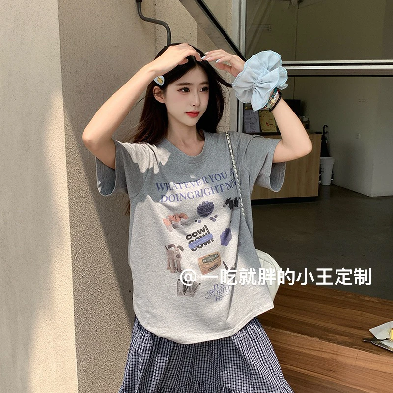 【小王家】大码正肩圆领水果动物卡通3D直喷印花显瘦遮肉短袖5837